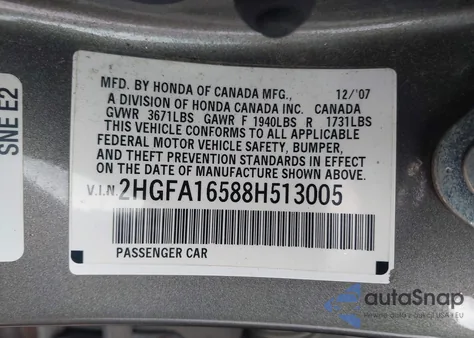 2008 Honda Civic Lx from USA, damaged, VIN 2HGFA16588H513005